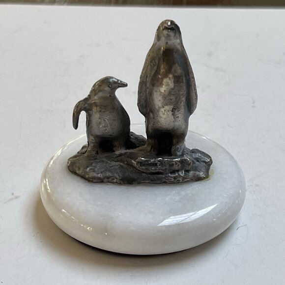 Pewter Penguin Figurine on Marble Base Pair Mama Chic Paperweight Decor - Picture 1 of 7